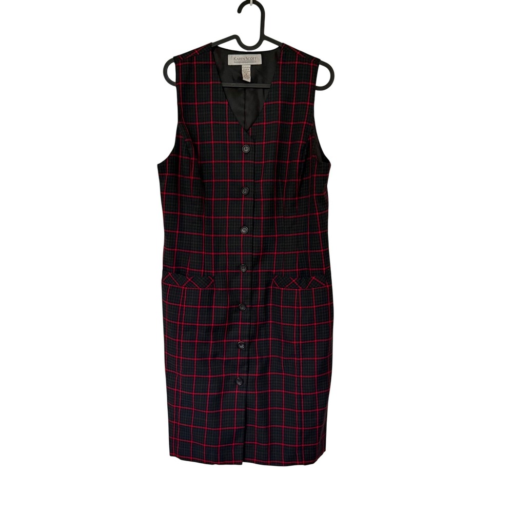 Vintage 90s Karen Scott Plaid Jumper Dress Button Front Sleeveless Tartan Size 8